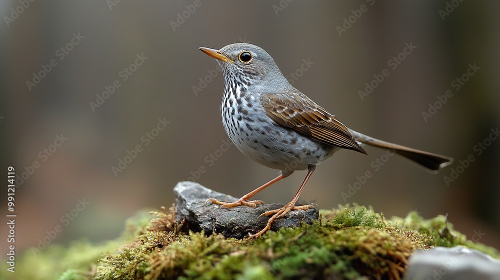 A Small Bird Perched on a Mossy Rock in a Forest A Small Bird Perched on a Mossy Rock in a Forest