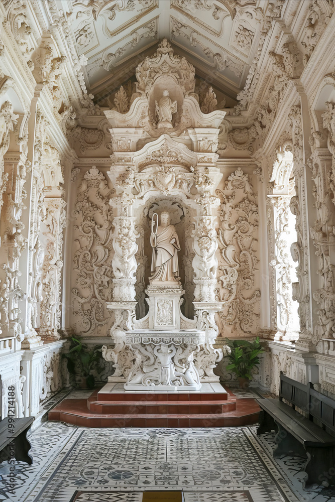 Fototapeta premium Ornate baroque-style chapel interior with intricate carvings and a central religious statue.
