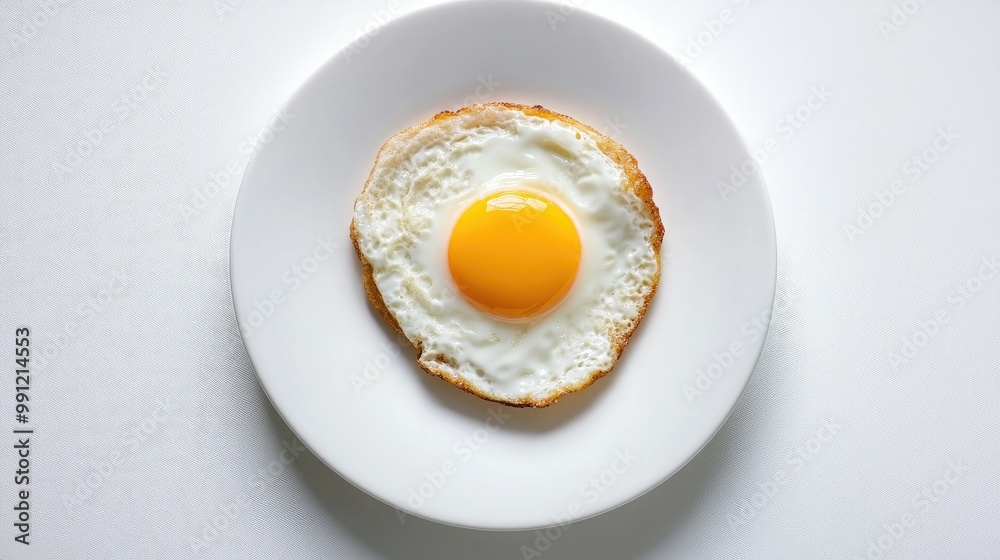 A perfectly cooked fried egg with a soft yolk and golden-brown edges, placed on a simple white plate against a plain white background. A perfectly cooked fried egg with a soft yolk and golden-brown edges, placed on a simple white plate against a plain white background.