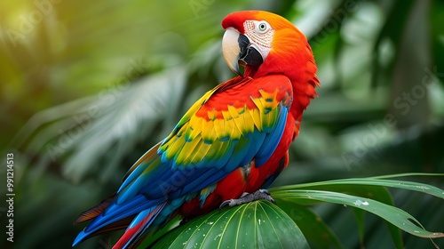 Vibrant Parrot Perched on a Leaf in a Tropical Setting