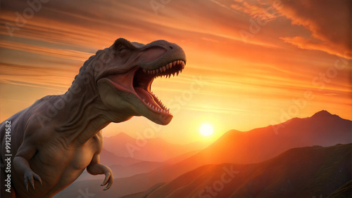 Powerful Tyrannosaurus Rex roaring at sunset, highlighting its fierce expression against a colorful sky