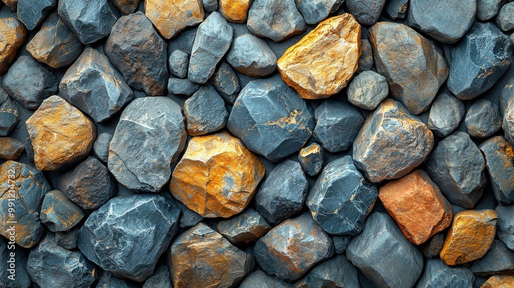 A close-up view of an array of rocks in different textures and colors, featuring blues, grays, and warm golden hues. A close-up view of an array of rocks in different textures and colors, featuring blues, grays, and warm golden hues.