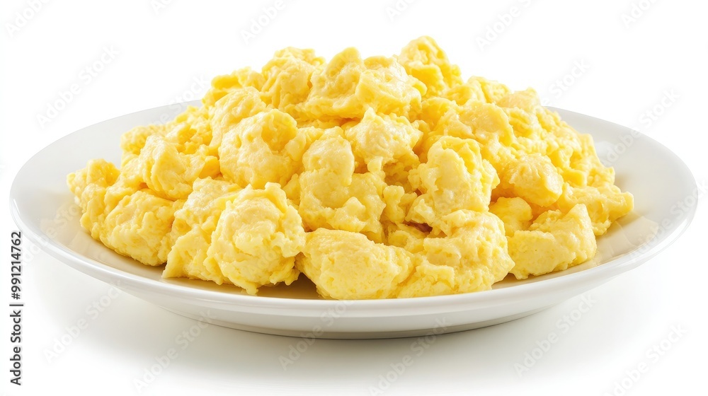 A pile of perfectly scrambled eggs, creamy and golden, placed on a white plate against a blank white background, showcasing a basic breakfast staple. A pile of perfectly scrambled eggs, creamy and golden, placed on a white plate against a blank white background, showcasing a basic breakfast staple.