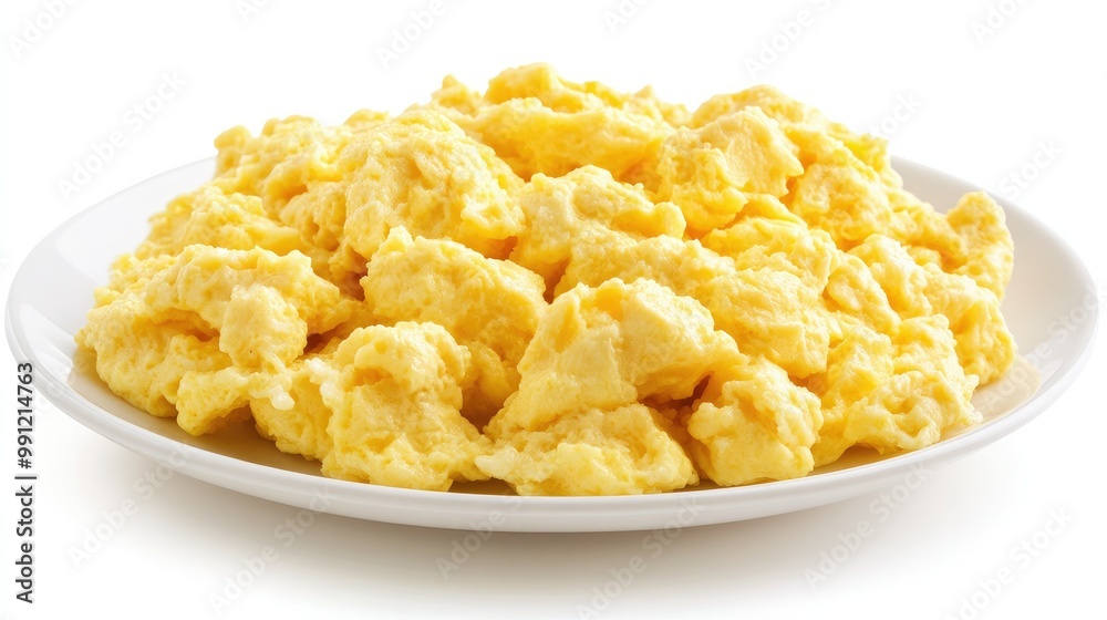 A pile of perfectly scrambled eggs, creamy and golden, placed on a white plate against a blank white background, showcasing a basic breakfast staple. A pile of perfectly scrambled eggs, creamy and golden, placed on a white plate against a blank white background, showcasing a basic breakfast staple.