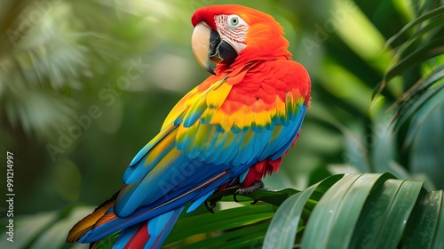 Vibrant Parrot Perched on a Leaf in a Tropical Setting