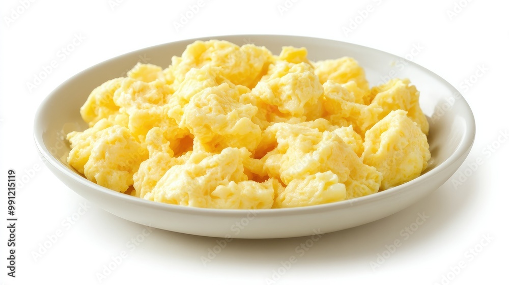 A plate of fluffy scrambled eggs, golden and soft, isolated on a clean white background, emphasizing the simplicity of a classic breakfast dish. A plate of fluffy scrambled eggs, golden and soft, isolated on a clean white background, emphasizing the simplicity of a classic breakfast dish.
