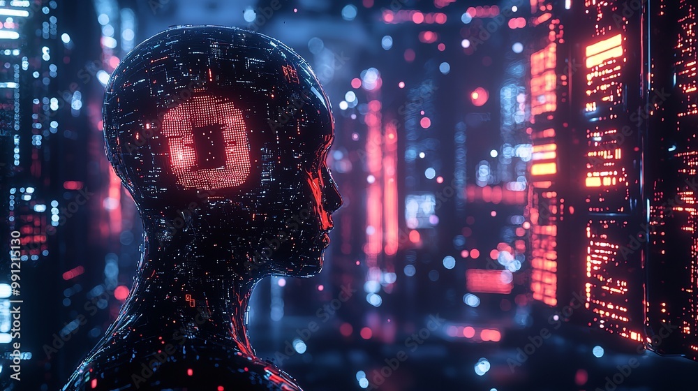 Digital human face emerging from binary code Digital human face emerging from binary code