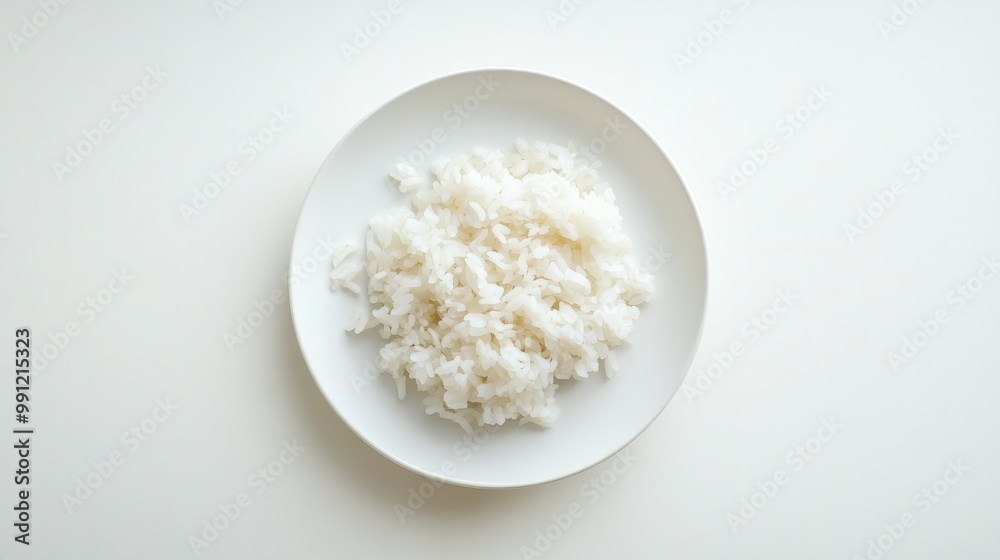A plate of steamed rice, clean and fluffy, placed on a white surface for a minimalist food presentation, emphasizing simplicity and texture. A plate of steamed rice, clean and fluffy, placed on a white surface for a minimalist food presentation, emphasizing simplicity and texture.