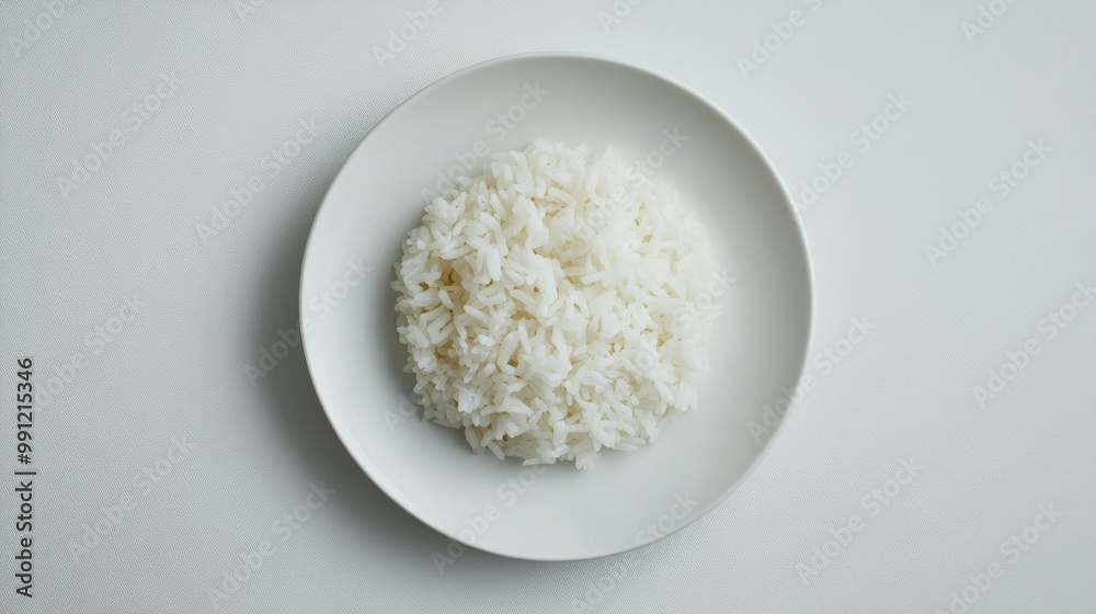 A plate of steamed rice, clean and fluffy, placed on a white surface for a minimalist food presentation, emphasizing simplicity and texture.