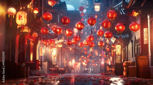 Rows of red lanterns and firecrackers hanging above a bustling alleyway, creating a festive atmosphere for Chinese New Year.