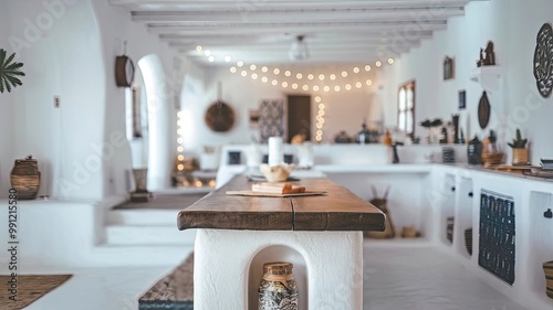 A photo of a clean, white kitchen with a wooden countertop. There is a blurred background of a home interior with a bokeh effect. The countertop has a few items on it. The floor and walls are white. T