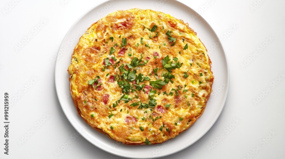 A round omelet with crispy edges and fresh herbs sprinkled on top, displayed on a white plate against a white background. A round omelet with crispy edges and fresh herbs sprinkled on top, displayed on a white plate against a white background.