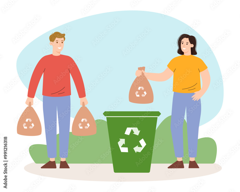 People sort garbage. Cute woman and a man take care of the environment and throw garbage into containers for recycling and reuse. Zero waste concept
