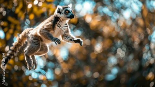 Leaping Lemur in Lush Green Forest Canopy photo