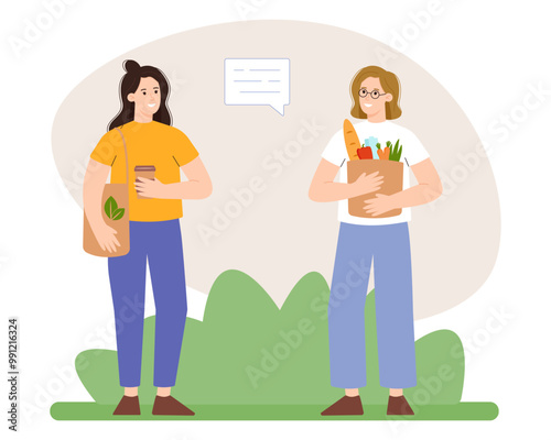 People use paper bags and cloth bags for shopping, reduce waste, and eat environmentally friendly food. Vector illustration of a green lifestyle, sustainable development