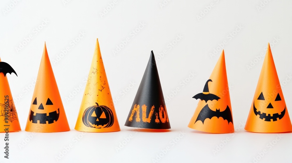 A row of Halloween party hats with festive designs, such as bats, witches, and pumpkins, laid out on a plain white background. A row of Halloween party hats with festive designs, such as bats, witches, and pumpkins, laid out on a plain white background.