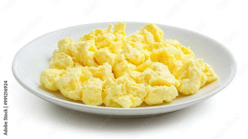 A serving of scrambled eggs, light and fluffy, sitting on a white plate, isolated against a white background for a minimalist breakfast theme. A serving of scrambled eggs, light and fluffy, sitting on a white plate, isolated against a white background for a minimalist breakfast theme.