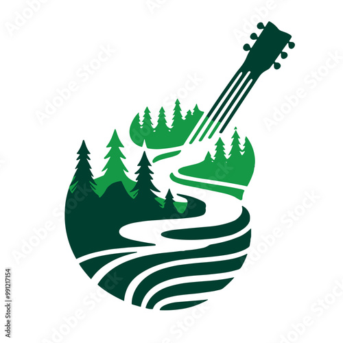 A green and white silhouette of guitar strings turning into rivers and trees, vector, minimalist art style, stroke lines for an abstract look, transparent background