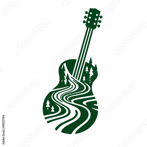 A dark green and white silhouette of guitar strings turning into rivers and trees, vector, minimalist art style, stroke lines for an abstract look, transparent background