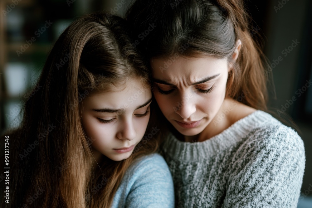 mother embraces her sad teenage daughter, both looking down with worried expressions, emotional support, parent and child during a difficult time mother embraces her sad teenage daughter, both looking down with worried expressions, emotional support, parent and child during a difficult time