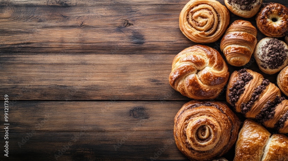Freshly baked sweet buns and chocolate croissants on rustic wooden surface Perfect for breakfast or brunch featuring ample copy space for banners Freshly baked sweet buns and chocolate croissants on rustic wooden surface Perfect for breakfast or brunch featuring ample copy space for banners