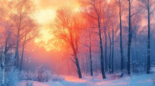 Beautiful winter scene featuring a forest with trees illuminated by the soft glow of sunrise showcasing a serene and colorful winter landscape