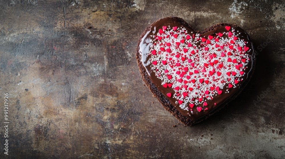 Obraz premium Heart shaped chocolate cake adorned with white sugar icing and red love sprinkles set against a rustic industrial table backdrop Space for text included
