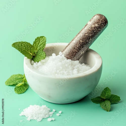 A mortar and pestle with a blend of salt and fresh mint leaves on a mint green background, ideal for culinary and herbal themes. photo