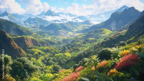 Lush green mountains intertwined with vibrant fields showcasing unique plant life