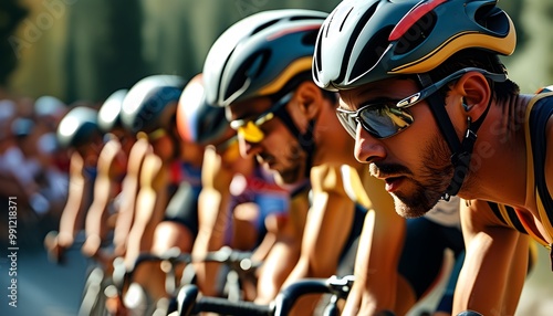 Dynamic close-up of a cyclist racing at high speed, showcasing determination and athleticism in action photo