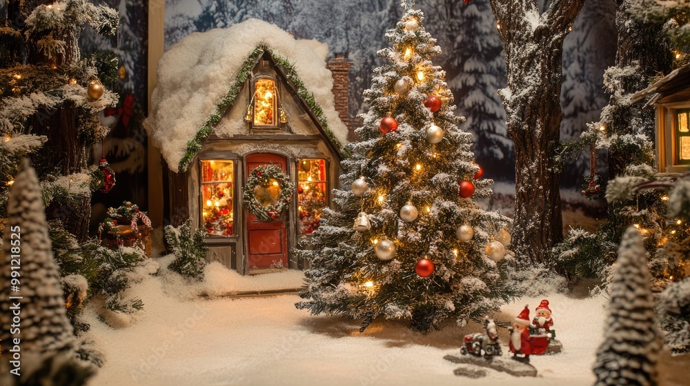Fototapeta premium Christmas tree scene in a woodland setting