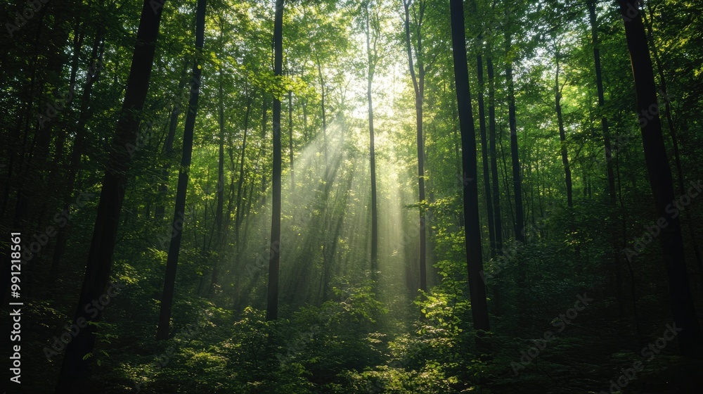 Naklejka premium Bright light filters through dense trees in a forest