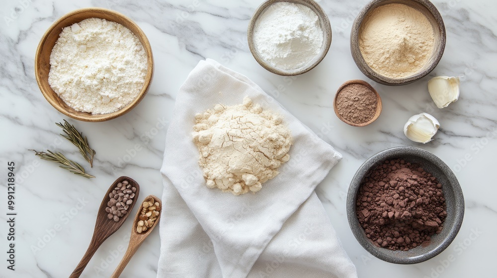 Baking components arranged on a linen cloth over a marble surface Baking components arranged on a linen cloth over a marble surface