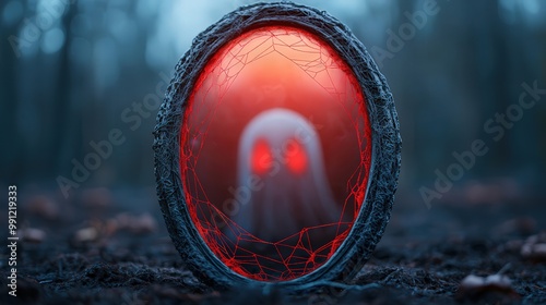 A mysterious, glowing red mirror reflects a ghostly figure with eerie eyes, set in a dark, enchanted forest. photo