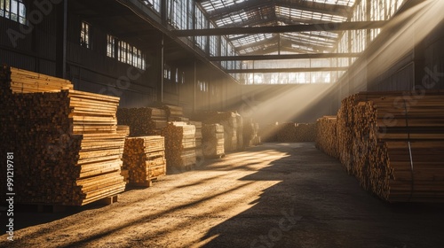 Bright interior of a wood storage facility featuring piles of timber Sunlight streams in creating a cozy and peaceful ambiance in the industrial space photo