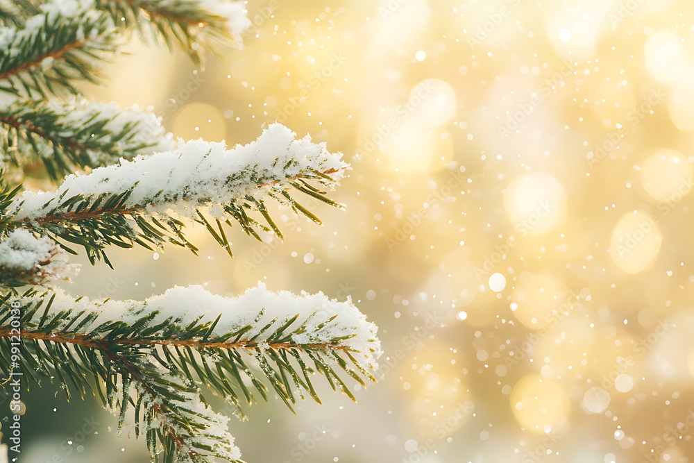 Yellow Christmas Background with Snow-Covered Trees Yellow Christmas Background with Snow-Covered Trees