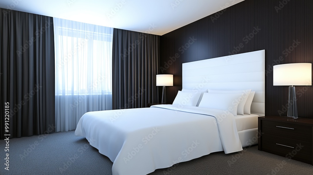 A modern bedroom features dark gray walls and large windows that fill the space with warm light, enhancing its elegant atmosphere and luxurious feel A modern bedroom features dark gray walls and large windows that fill the space with warm light, enhancing its elegant atmosphere and luxurious feel