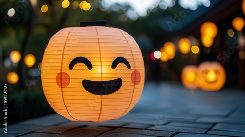 A cheerful pumpkin lantern with a smiling face illuminates a festive outdoor setting, surrounded by glowing decorations.