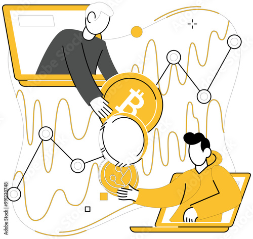 Bitcoin trading vector illustration. Internet, gateway, opens doors to borderless world Bitcoin trading, connecting buyers and sellers globally Blockchain, foundation, lays groundwork for secure photo