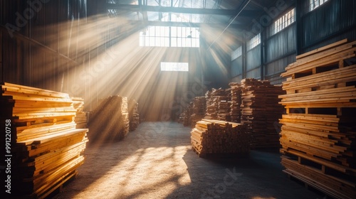 Bright interior of a wood storage facility featuring piles of timber Sunlight streams in creating a cozy and peaceful ambiance in the industrial space photo