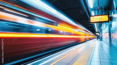 A lively train station capturing motion and speed highlighted by blurred lights and a vacant billboard awaiting advertisements