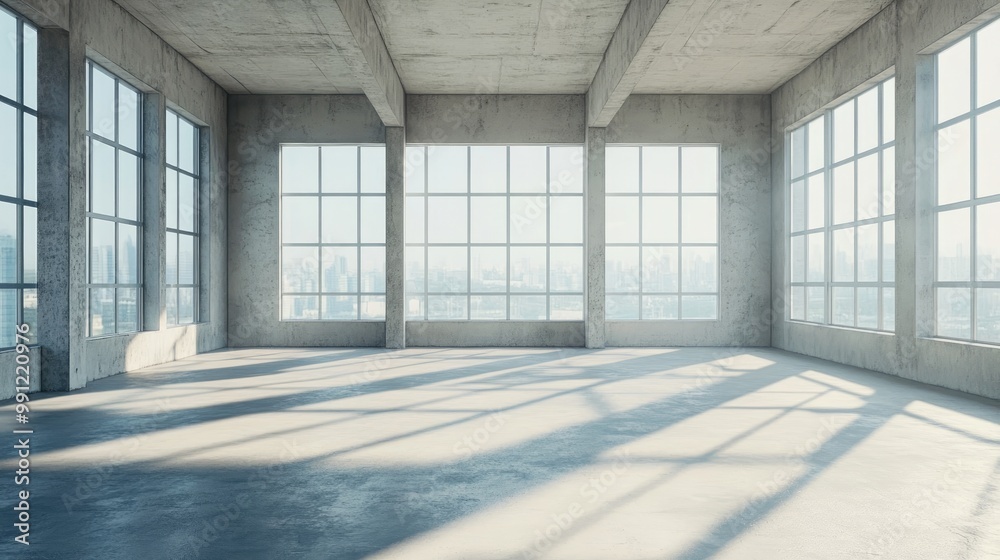 Spacious concrete interior featuring a mock up wall space large panoramic windows and abundant natural light 3D rendering Spacious concrete interior featuring a mock up wall space large panoramic windows and abundant natural light 3D rendering