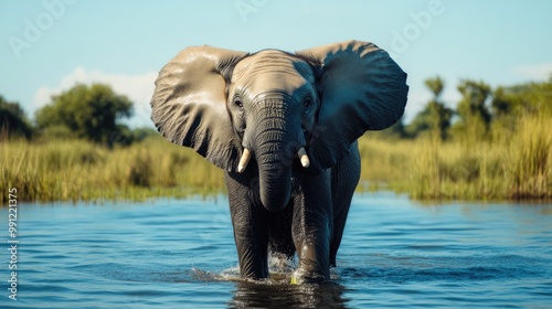 A smiling elephant stands with eyes wide open in the water