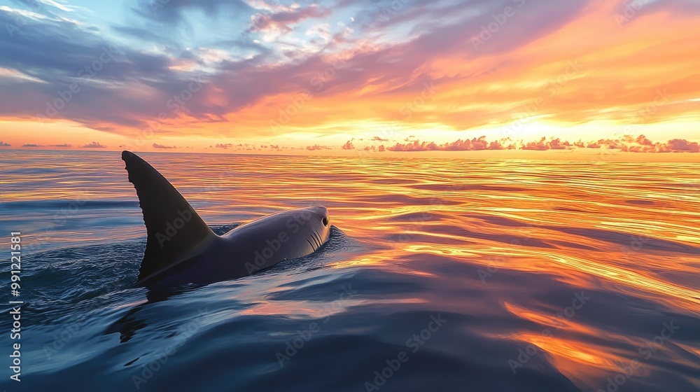 Fototapeta premium Shark fin breaks the calm water surface beneath a peaceful sunset sky forming a striking contrast in this captivating seascape