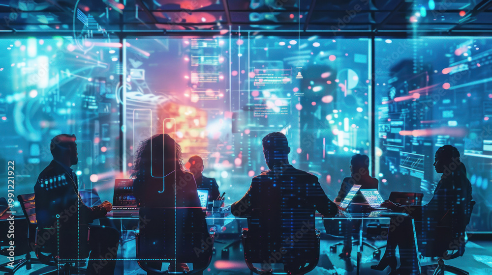 A digital transformation team in a futuristic boardroom, developing strategies to lead their company's technological innovation and global competitiveness. A digital transformation team in a futuristic boardroom, developing strategies to lead their company's technological innovation and global competitiveness.