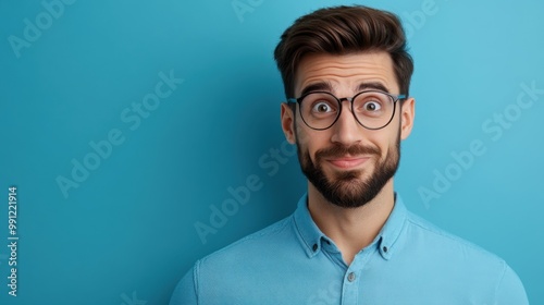 Smart Man with Playful Expression Against Blue Background