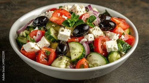 Classic Greek salad featuring fresh tomatoes cucumbers red pepper onion olives oregano and feta cheese elegantly displayed in a bowl with black olives as the main highlight