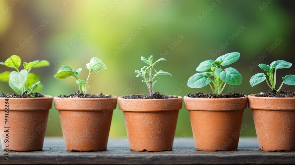 Plants in small pots lined up in a row Plants in small pots lined up in a row