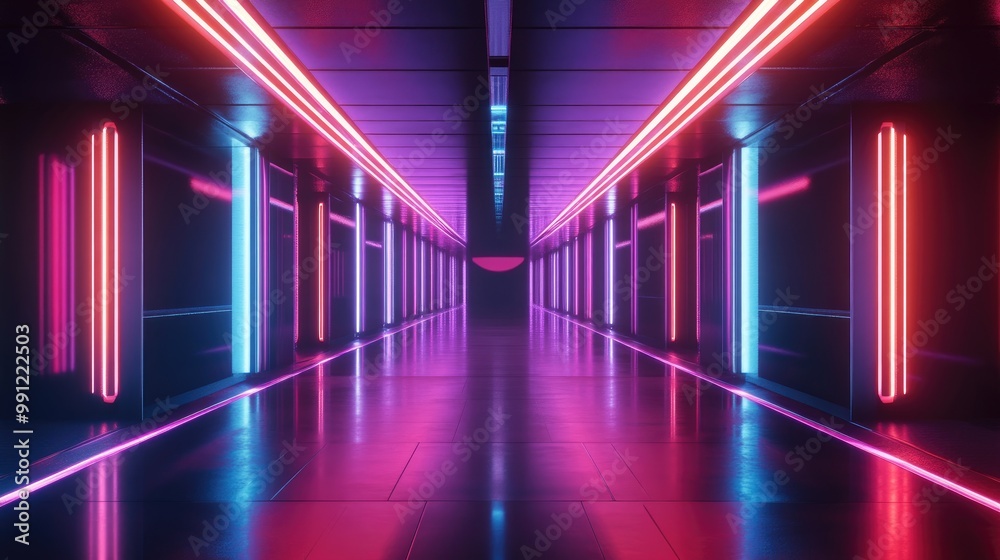 Fototapeta premium Futuristic neon lamps illuminate a dark corridor casting reflections on the floor and walls creating a striking empty space at the center