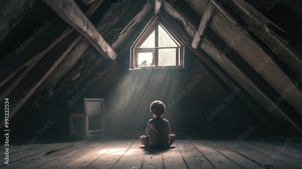 Child offers a prayer in the attic space of a home Child offers a prayer in the attic space of a home